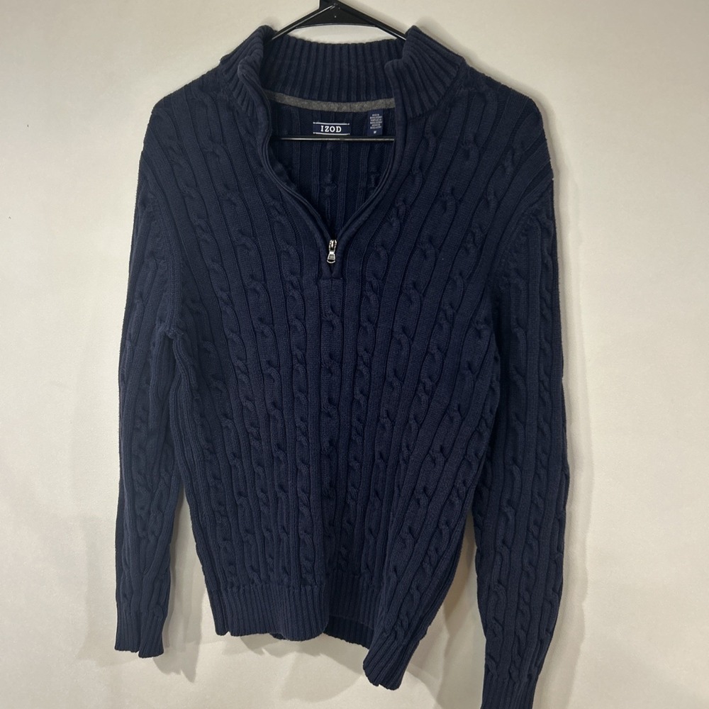 Men's Izod Navy Cable Knit Quarter Zip Sweater Medium 100% Cotton (019)
